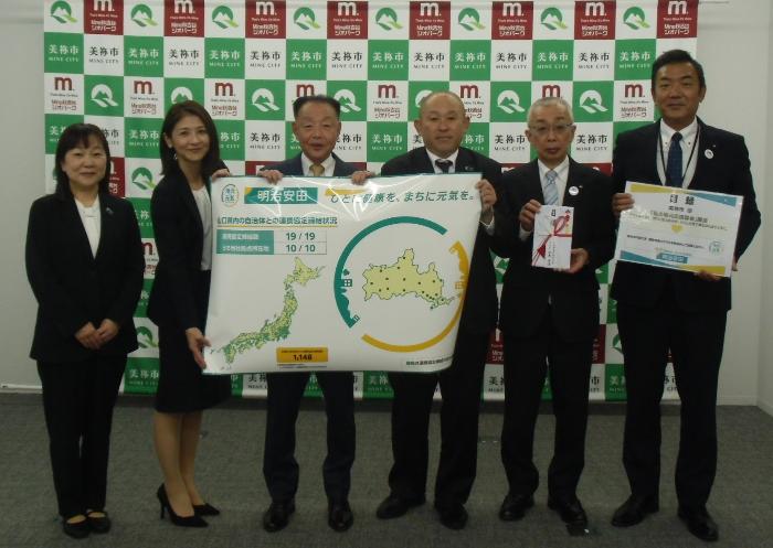 左から、明治安田山口支社山口西京営業所平元総務課長、丸山支部マネージャー、篠田市長、明治安田山口支社永松市場統括部長、志賀副市長、佐々木市民福祉部長