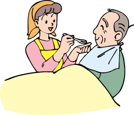 女性が高齢男性の食事介助をしているイラスト