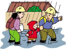 大雨の中でヘルメットと大きなリュックサックで身を包む父と母と、父に手を引かれている雨合羽を着た子供のイラスト