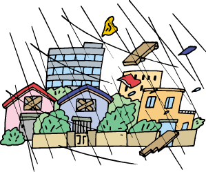 横殴りの雨と木の板などが吹き飛ばされている町中のイラスト