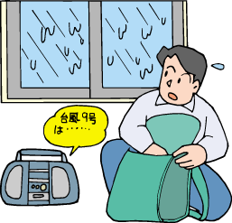 窓に雨が叩きつけている室内で台風情報をラジオで聞きながらリュックに避難準備をしている男性のイラスト