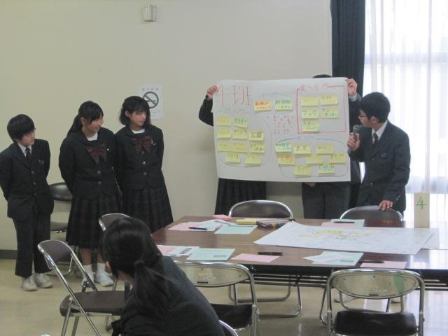 付箋が貼ってある模造紙を広げて立っている生徒とその内容について発表している生徒の写真