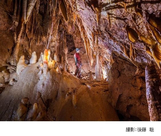 秋山石灰の穴(鍾乳道)の内部にヘルメットをかぶった人が立っている写真 撮影：後藤聡