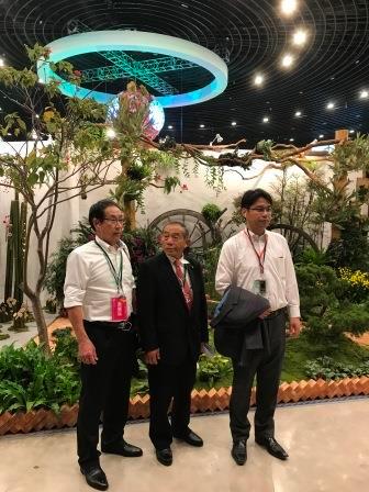 植物の前に並ぶ三人の男性の写真